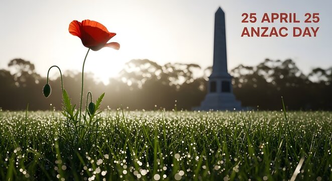 A red poppy in a field with a monument in the background on anzac day