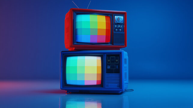 Retro television with color test screen on glossy surface, vibrant minimal studio setup, vintage technology concept with reflection and bold colors.