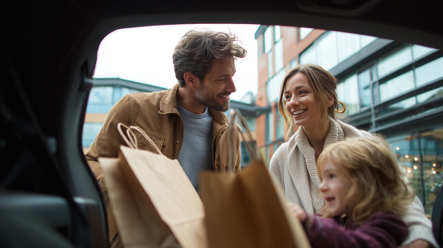 Happy family loading grocery bags into car trunk, smiling parents and child, everyday lifestyle, shopping routine, warm candid moment with natural light.