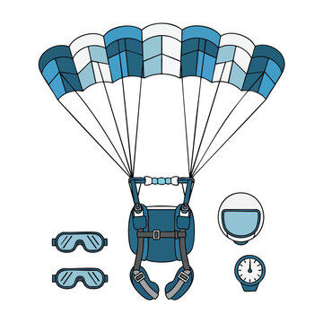 Parachute, harness, goggles, helmet, and altimeter on white background