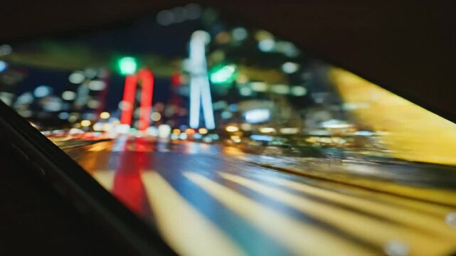 A neon night time lapse of city traffic rushes past a casino where chips clatter on a roulette table near a music studio and bowling equipment