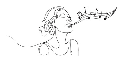 A girl singing lovely song. Enjoy and relax with her song. Se is very love music. She want to be a singer. One line continuous. Vector illustration.