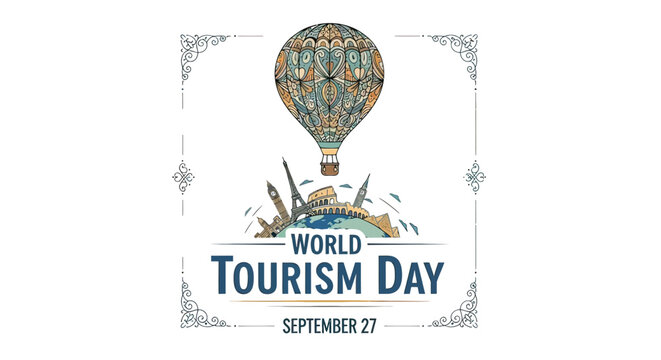 World Tourism Day Poster with Hot Air Balloon.
