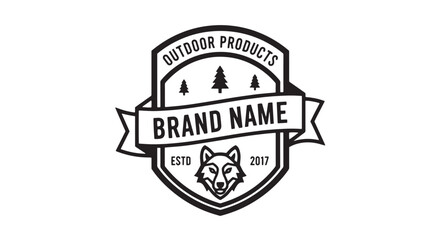 Obraz premium Outdoor Products Brand Logo with Pine Trees and Wolf