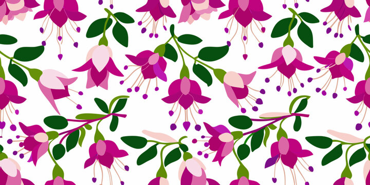 Repeating pattern of vibrant pink and purple fuchsia flowers on white