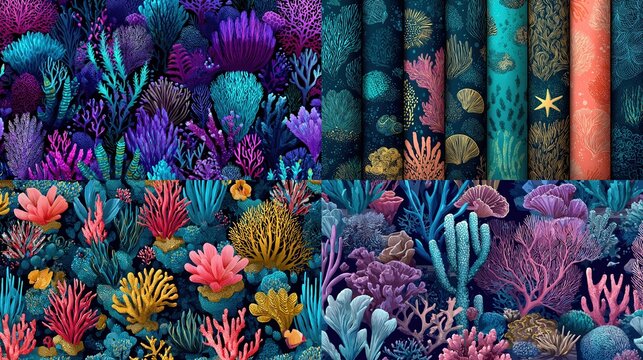 Vibrant coral reef marine life seamless illustration pattern