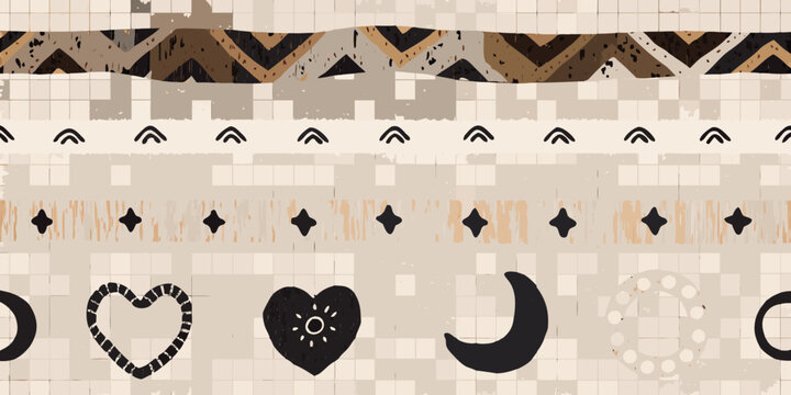 Abstract geometric pattern with tribal and celestial motifs in neutral tones
