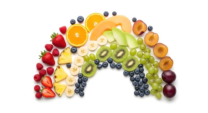 A colorful rainbow of fresh fruit artfully arranged, showcasing vibrant colors and diverse flavors. It's a visually appealing composition, perfect for promoting healthy eating