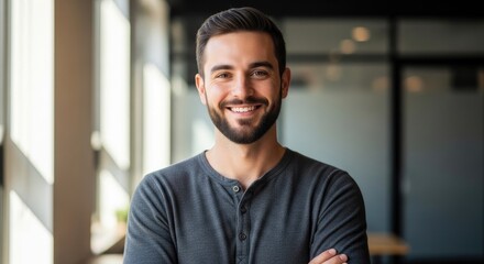 Obraz premium A smiling man with a beard stands in a modern office space. He is wearing a gray t-shirt and his arms are crossed.