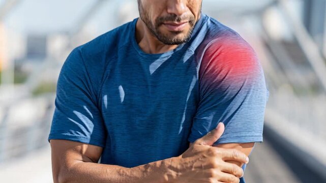 A man in a blue t-shirt feels intense pain in his shoulder while exercising outdoors on a bridge.