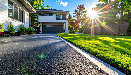 Fototapeta premium Modern suburban home with a sleek driveway and vibrant green lawn illuminated by bright sun and lens flare