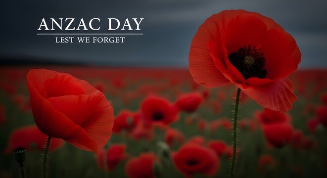 Anzac day poppy field with lest we forget message
