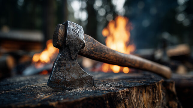 Old axe resting on tree stump near campfire, rustic outdoor scene, wood cutting tool with worn metal and wooden handle, survival and nature concept.