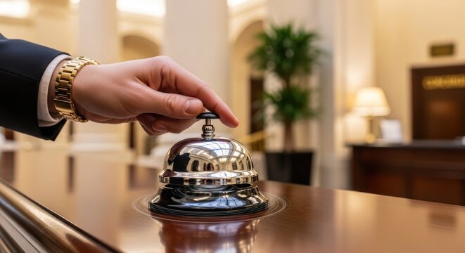A hotel bellhop is ringing a classic, shiny bell at a reception desk. He is wearing a dark suit and a gold wristwatch.