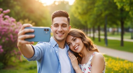 Obraz premium A young couple is taking a selfie outdoors in a park. The man is holding a smartphone and smiling, while the woman leans in close, also smiling and looking at the phone.
