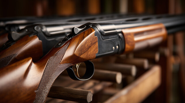 Close up of multiple shotguns neatly arranged on a rack in a gun store, showcasing metal textures, craftsmanship, and alignment in a retail display setting.