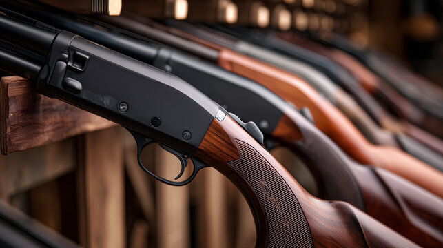 Close up of multiple shotguns neatly arranged on a rack in a gun store, showcasing metal textures, craftsmanship, and alignment in a retail display setting.