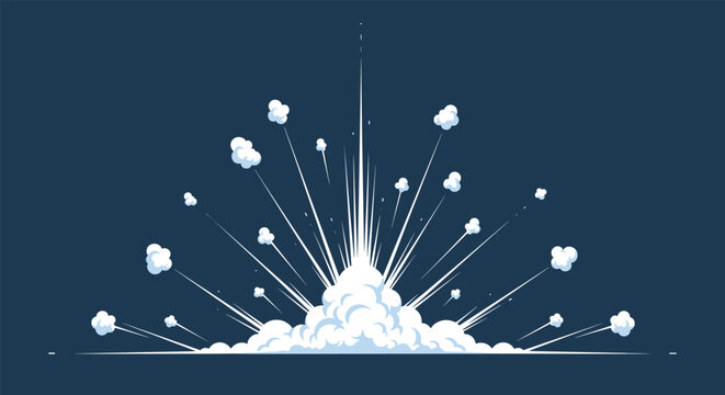 Powerful white explosion cloud effect with smoke trails and debris isolated on a dark blue background for comic art.