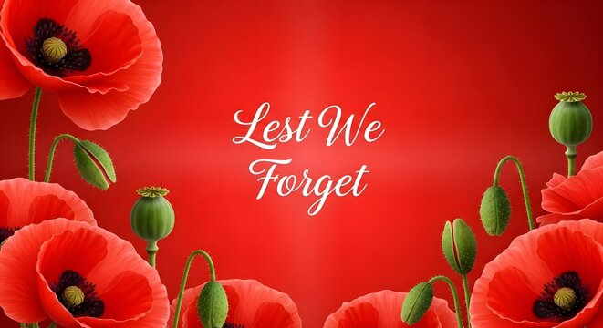 Red poppies with 'lest we forget' text on a red background