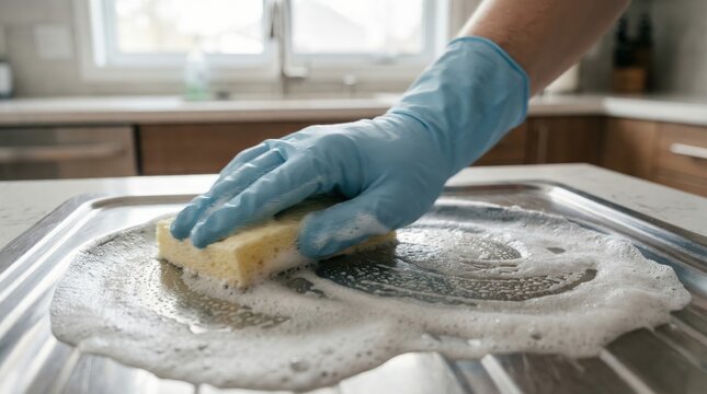 Hand in blue protective glove cleaning a stainless steel surface with a yellow sponge and soap suds in a kitchen