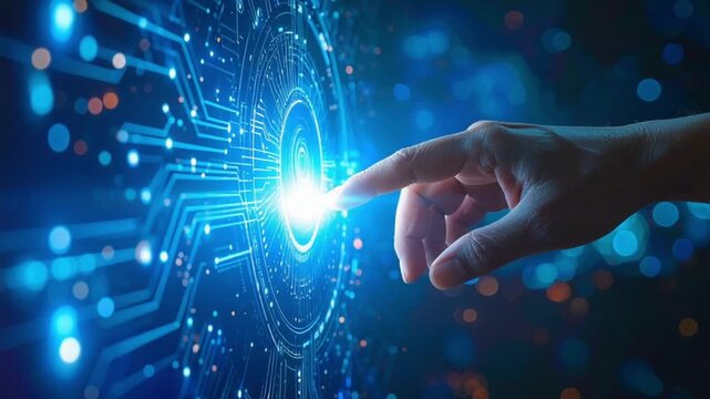 Human hand touching glowing digital interface representing future technology