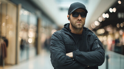 Obraz premium Professional security guard standing alert in a modern shopping mall interior, ensuring safety, surveillance, and public protection in a commercial environment.