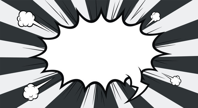 comic book speech bubble explosion features a blank white space for text with dynamic radiating lines and puffs of smoke in black and white.