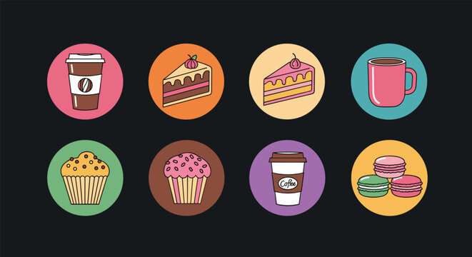 selection of eight circular food and drink icons features coffee cups muffins cakes and macarons on a dark background for app design.