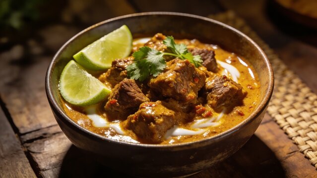 Authentic Indonesian beef rendang cooked with rich spices and coconut-based sauce, served with lime and herbs. A popular traditional dish known for deep flavor and tender meat.