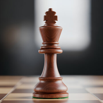 Wooden King Chess Piece Standing on a Chessboard.