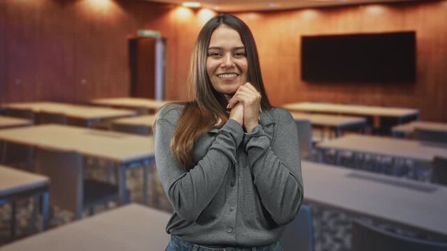 Young hispanic woman clasping hands near chin, smiling warmly in gray shirt in classroom building; hope joy.