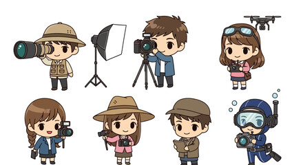 Obraz premium Cartoon photographers with equipment.