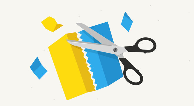 Vibrant vector illustration featuring a sharp cutting tool precisely trimming a two-toned paper, symbolizing the creative process of crafting, editing, and customization