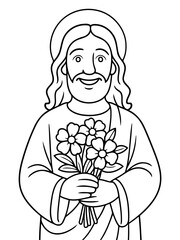 Obraz premium Saint holding flowers: A depiction of a saintly figure holding a bouquet of flowers, embodying purity, faith, and benevolence. 