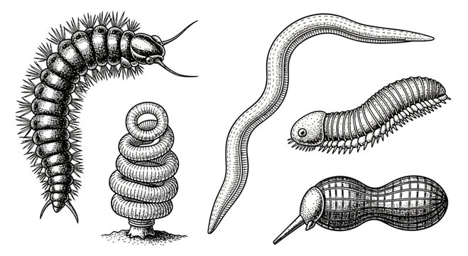 Set of Hand-Drawn Myriapods and Worms Scientific Illustration
