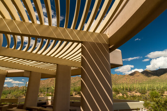 USA, Arizona, Tucson. shadows and light at play on the outdoor arbour at Saguaro National Park Visitor Center