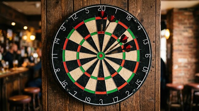 A dartboard is mounted on a rustic wooden wall in a dimly lit pub. The dartboard is centered in the frame, displaying a red bullseye and black and red segments.