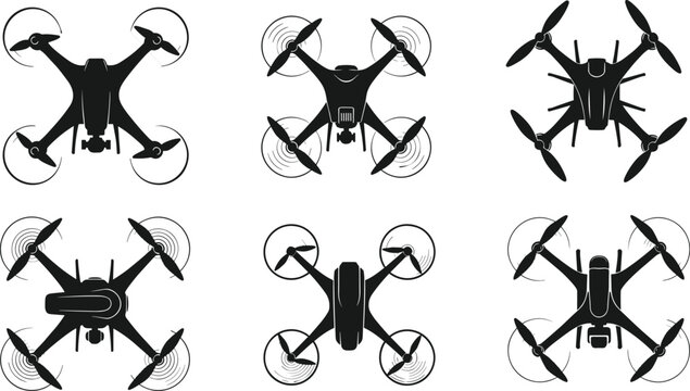 Collection of six quadcopter drone silhouettes with different designs, aerial technology icons photography videography unmanned flight equipment illustration