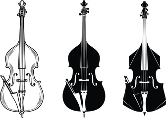 Fototapeta premium Collection of three double bass silhouettes with bows, musical instrument icons classical orchestra string design illustration