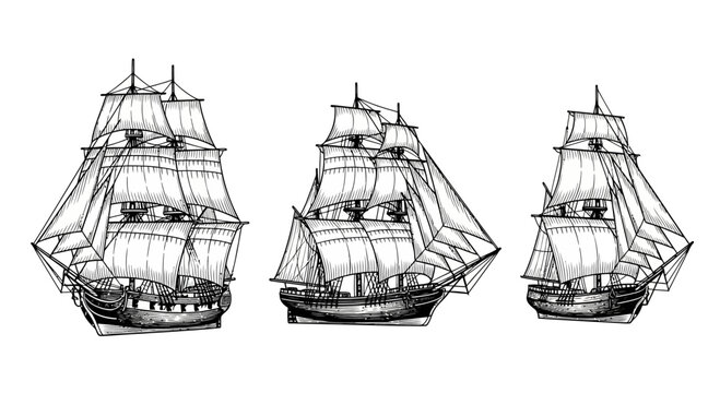 Vintage Hand Drawn Tall Ship Set