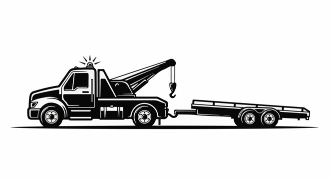 A black and white illustration of a tow truck with a trailer attached.