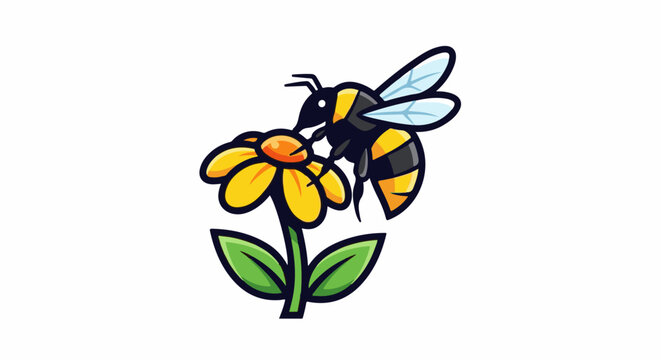 A cartoon bee collecting nectar from a bright yellow flower
