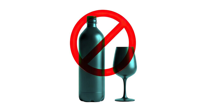 No Alcohol Symbol Over Black Bottle and Wine Glass