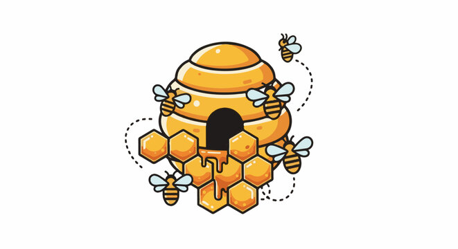 A cartoon bee hive with dripping honey and busy bees flying around