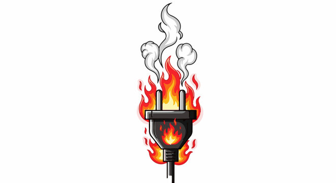 A black electrical plug is engulfed in flames and emitting smoke