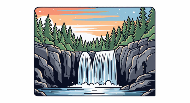 A double waterfall cascades over rocky cliffs into a pool below, framed by pine trees