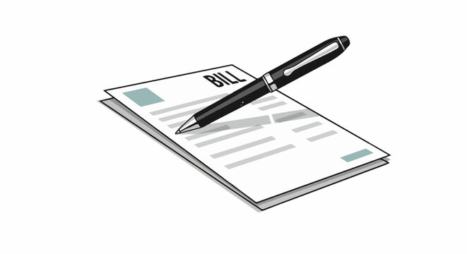 A black pen rests on a bill document with grey lines and teal squares