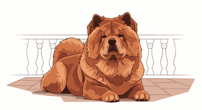 A fluffy, regal dog reclines on a tiled patio beside a decorative railing
