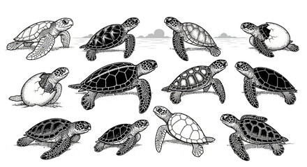 Fototapeta premium Set of Hand Drawn Sea Turtle Illustrations