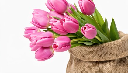 Obraz premium Pink Tulip Bloom in a Rustic Sack: A captivating collection of vibrant pink tulips overflows from a rustic sack, a symphony of colors and textures that evokes a sense of freshness and elegance.